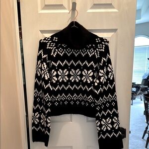 Divided Black and White Cowl Neck Sweater with Geometric Pattern
